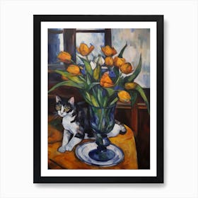 Flower Vase Iris With A Cat 3 Impressionism, Cezanne Style Art Print