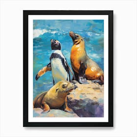 Galapagos Penguin Sea Lion Island Colour Block Painting 7 Art Print