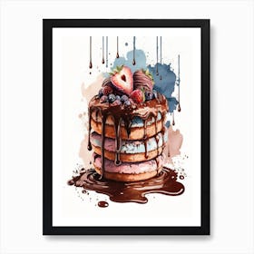 Pancakes covered with chocolate and strawberries watercolors Art Print