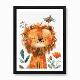 Small Joyful Lion With A Bird On Its Head 15 Art Print