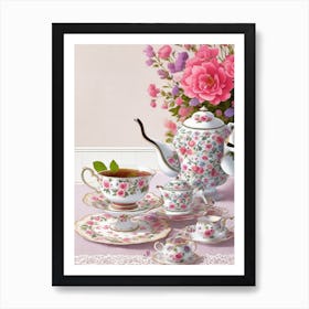 Cottagecore Still Life Flower Teacups Affiche