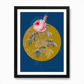 Vintage Botanical Provence Rose Bloom on Circle Yellow on Blue Art Print