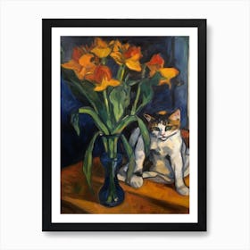 Flower Vase Iris With A Cat 1 Impressionism, Cezanne Style Art Print
