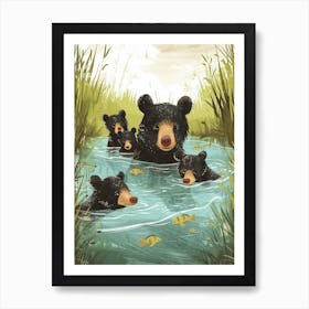 American Black Bear Family Swimming In A River Storybook Illustration 3 Art Print