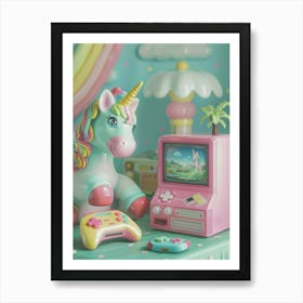 Toy Unicorn Pastel Playing Video Games 2 Art Print