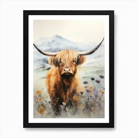 Watercolour Mountain Highland Cow 4 Art Print