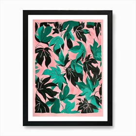 Black and green leaves on pink. Floral Pattern Art Print