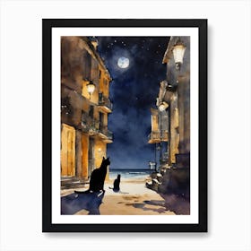 Black Cats by the Beach ~ Fairytale Witchy Sea Watercolor Witchcraft Halloween Dreamy Full Moon Cat Lady Painting Art Print