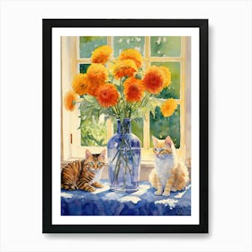 Cat With Sunflower Flowers Watercolor Mothers Day Valentines 2 Art Print