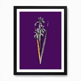 Vintage Blue Iris Black and White Gold Leaf Floral Art on Deep Violet n.1217 Art Print