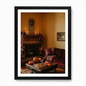 Autumn Themed Cozy Living Room Warm Golden Light Bathing The Room Soft Textures Of Plush Pillows N (1) Art Print