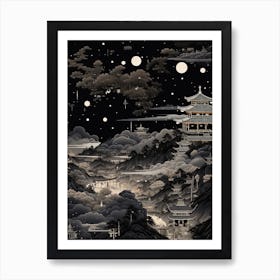 Shikoku Pilgrimage In Shikoku, Ukiyo E Black And White Line Art Drawing 1 Art Print