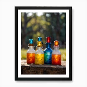 Colorful Bottles On A Wooden Table Art Print