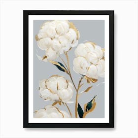 Elegant White Blossoms with Golden Accents Minimalist Floral Digital Art Poster