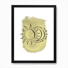 The Sun And Moon & Stars Gold Art Print