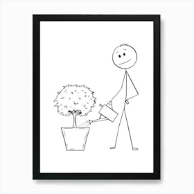 Stick Figure Man Watering A Tree Art Print