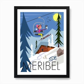 Meribel Ski Poster Blue & White Art Print