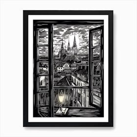 A Window View Of Vienna In The Style Of Black And White  Line Art 2 Art Print
