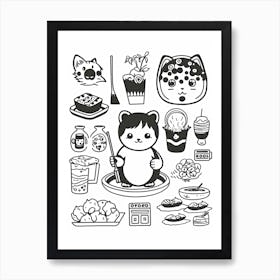 Cat And Sushi Black And White Line Art 2 Art Print