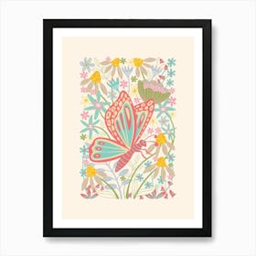 BUTTERFLY LANDING Delicate Bugs Floral with Pastel Garden Flowers Red Turquoise Art Print