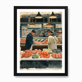 Art Deco Inspired Illustration Of People At A Fish Market Art Print
