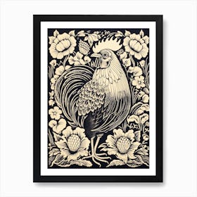 B&W Bird Linocut Rooster 2 Art Print