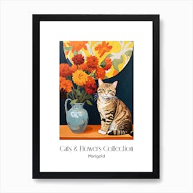 Cats & Flowers Collection Marigold Flower Vase And A Cat, A Painting In The Style Of Matisse 6 Art Print