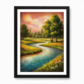 River At Sunset - serene landscape featuring a tranquil river winding its way through lush greenery Art Print