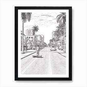 Skateboarding In Honolulu Hawaii Line Art Black And White 2 Art Print