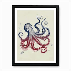 Red & Blue Octopus Making Bubbles 3 Art Print