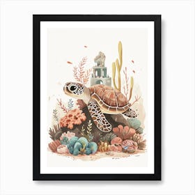 Sea Turtle With A Coral Castle Illustration 2 Art Print