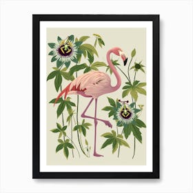 American Flamingo And Passionflowers Minimalist Illustration 3 Art Print