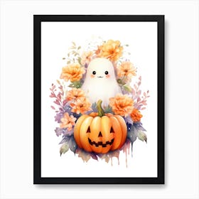 Cute Ghost With Pumpkins Halloween Watercolour 156 Art Print