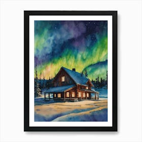 The Northern Lights - Aurora Borealis Rainbow Winter Snow Scene of Lapland Iceland Finland Norway Sweden Forest Lake Watercolor Beautiful Celestial Artwork for Home Gallery Wall Magical Etheral Dreamy Traditional Christmas Greeting Card Painting of Heavenly Fairylights 2 Art Print