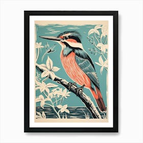 Vintage Bird Linocut Kingfisher 3 Art Print