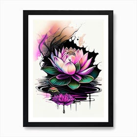 Blooming Lotus Flower In Pond Graffiti 1 Art Print