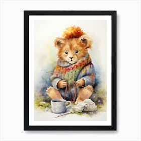 Knitting Watercolour Lion Art Painting 3 Art Print