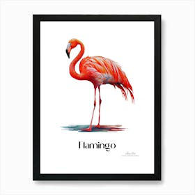 Flamingo. Long, thin legs. Pink or bright red color. Black feathers on the tips of its wings.11 Art Print