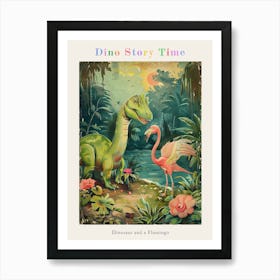 Dinosaur & Flamingo Vintage Storybook Painting Poster Art Print