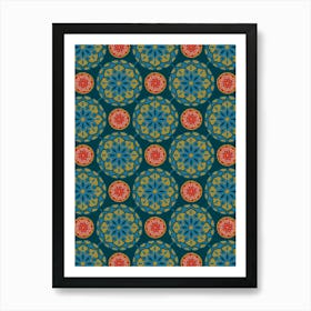 MOSAIQUE Bohemian Floral Mandala Tiles in Exotic Blue Green Red on Dark Teal Art Print