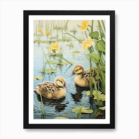 Ducklings In The River Japanese Woodblock Style 1 Art Print