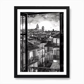 A Window View Of Barcelona In The Style Of Black And White  Line Art 3 Art Print