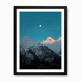 Moon And Snowy Mountains Sunset Oil Painting Landscape Art Print