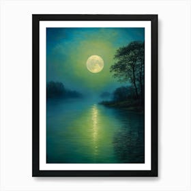 Mystical Full Moon Over Water Oil Painting | Witchy Wall Decor | Magical Art Print Enchanting Halloween Lunar Art Print