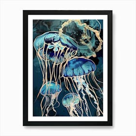 Jellyfish Painting Gold Blue Effect Collage 2 Art Print
