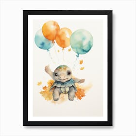 Turtle Flying With Autumn Fall Pumpkins And Balloons Watercolour Nursery 4 Art Print