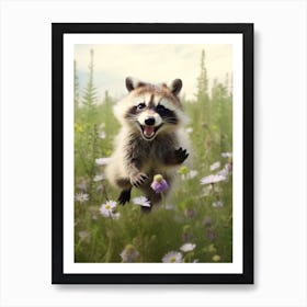 Cute Funny Tanezumi Raccoon Running On A Field Wild 4 Art Print