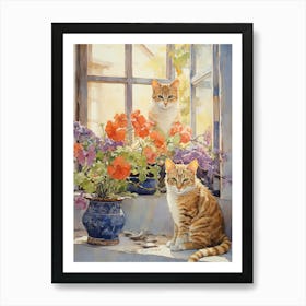 Cat With Floxglove Flowers Watercolor Mothers Day Valentines 4 Art Print