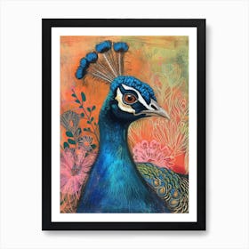 Floral Peacock Portrait Illustration 4 Art Print