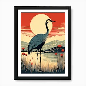 Vintage Bird Linocut Crane 2 Art Print